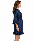 Wholesale Navy Blue Silk Short Robe, Custom 3/4 Sleeve Wrap Nightgown Manufacturer for Private Label Brands