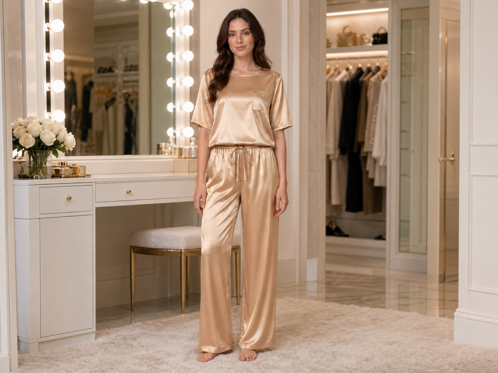 Wholesale Champagne Silk Half Sleeve Pajama Set, Custom Sleepwear Manufacturer for Private Label Boutique Brands front design preview