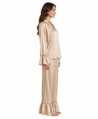 Wholesale Champagne Satin Ruffle Pajama Set, Custom Button Up Sleepwear Manufacturer for Private Label Brands