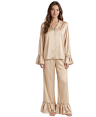 Wholesale Champagne Satin Ruffle Pajama Set, Custom Button Up Sleepwear Manufacturer for Private Label Brands