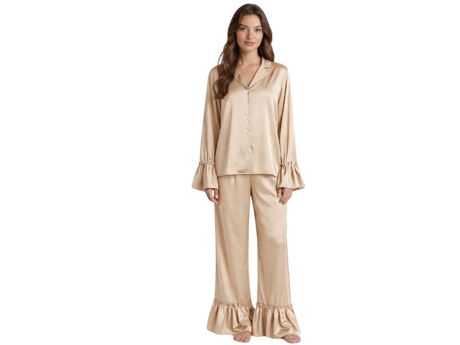 Wholesale Champagne Satin Ruffle Pajama Set, Custom Button Up Sleepwear Manufacturer for Private Label Brands design preview