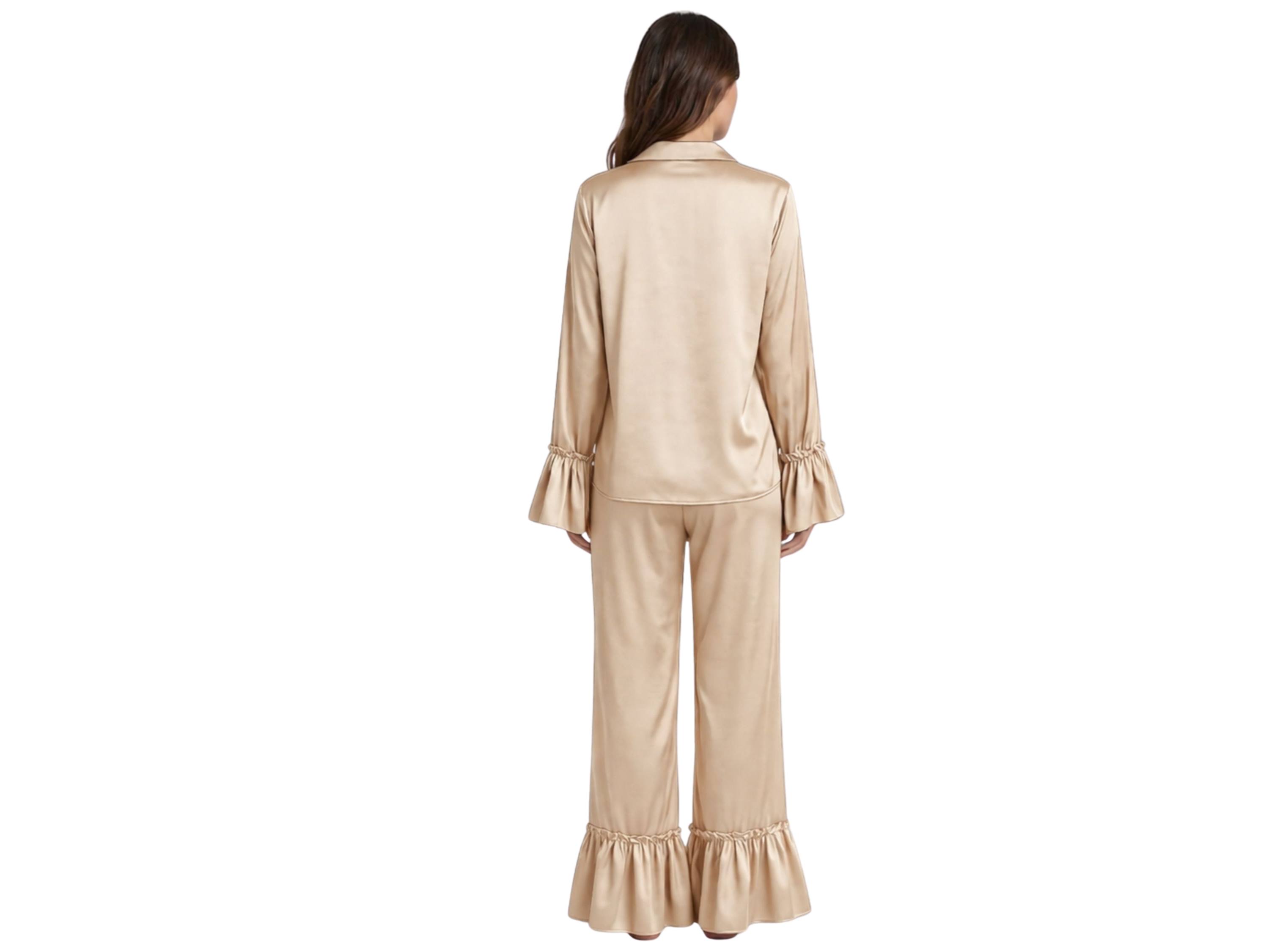 Wholesale Champagne Satin Ruffle Pajama Set, Custom Button Up Sleepwear Manufacturer for Private Label Brands