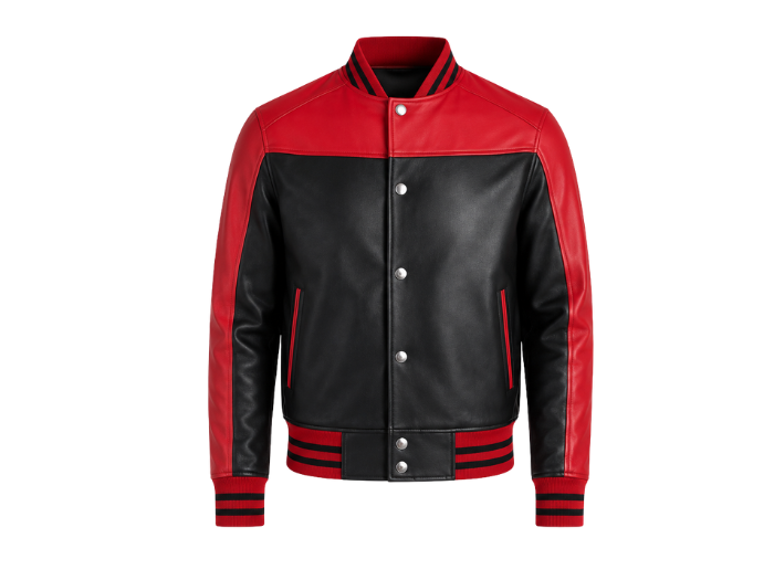 Custom Leather Varsity Jacket Red/Black B2B Low MOQ front design preview