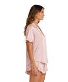 Wholesale Blush Pink Satin Ruffled Short Sleeve Set, Custom Button Up Sleepwear Manufacturer for Private Label Brands