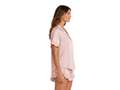 Wholesale Blush Pink Satin Ruffled Short Sleeve Set, Custom Button Up Sleepwear Manufacturer for Private Label Brands