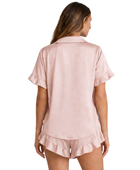 Wholesale Blush Pink Satin Ruffled Short Sleeve Set, Custom Button Up Sleepwear Manufacturer for Private Label Brands