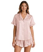 Wholesale Blush Pink Satin Ruffled Short Sleeve Set, Custom Button Up Sleepwear Manufacturer for Private Label Brands