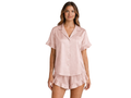 Wholesale Blush Pink Satin Ruffled Short Sleeve Set, Custom Button Up Sleepwear Manufacturer for Private Label Brands