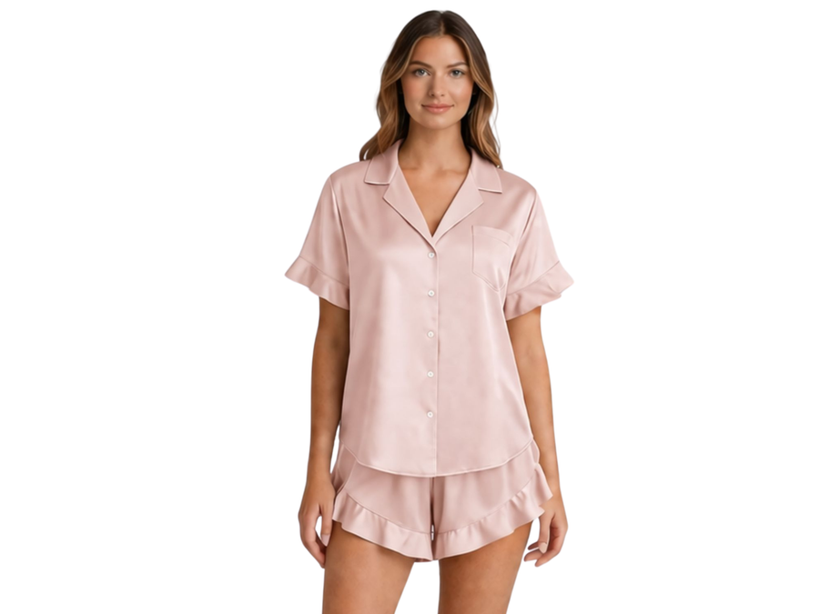 Wholesale Blush Pink Satin Ruffled Short Sleeve Set, Custom Button Up Sleepwear Manufacturer for Private Label Brands design preview