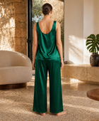 Wholesale Forest Green Silk Sleepwear Set, Custom Sleeveless Top & Wide Leg Pajama Manufacturer for Private Label Brands