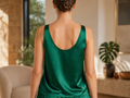 Wholesale Forest Green Silk Sleepwear Set, Custom Sleeveless Top & Wide Leg Pajama Manufacturer for Private Label Brands