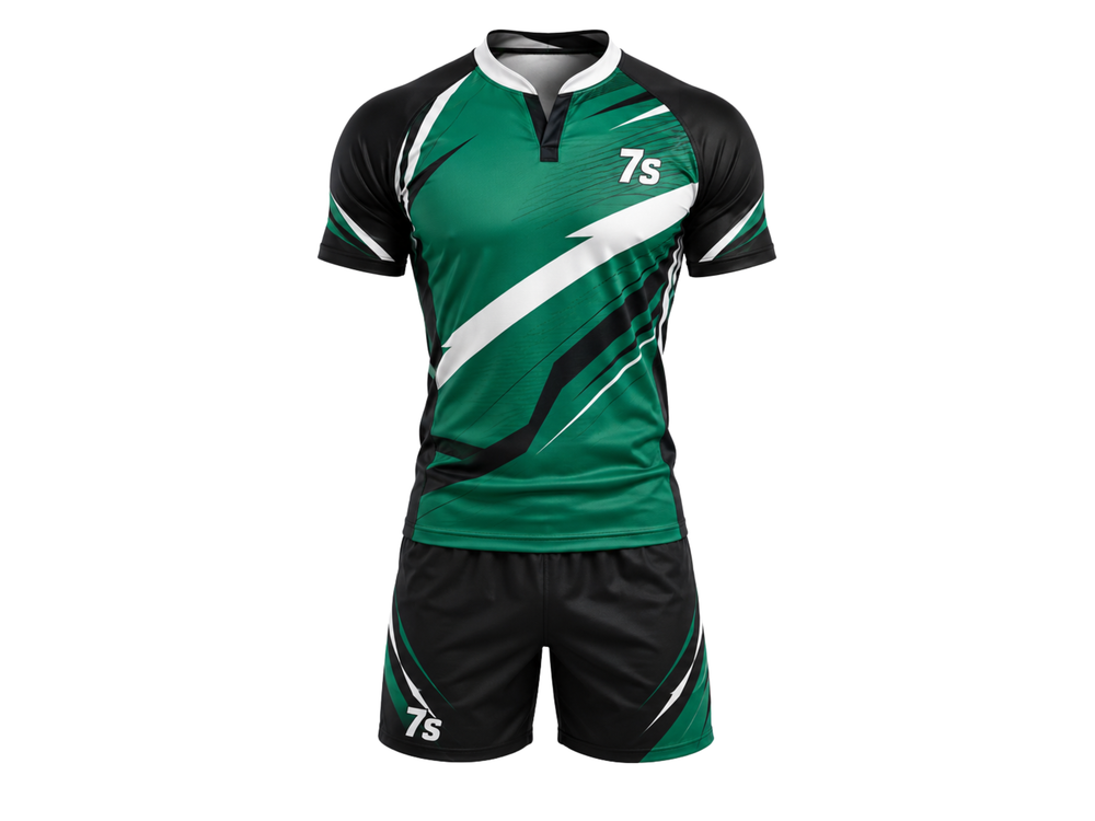 Custom Green Rugby Sevens Kit | Wholesale Rugby 7s Jersey and Shorts Set for Bulk Team Orders front design preview