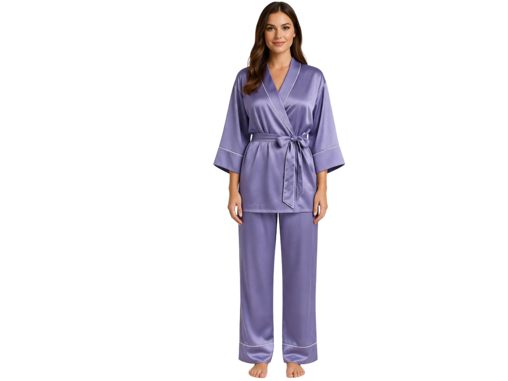 Wholesale Lavender Satin Trim Pajama Set, Custom Wrap Sleepwear Manufacturer for Private Label Boutique Brands front design preview