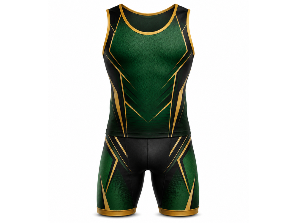 Custom Wrestling uniform set Wholesale Two Piece Wrestling Uniform Green Black Gold Apparels Bridge front design preview
