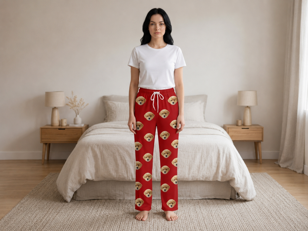 Wholesale Custom Pet Face Polyester Pajama Pants, Red Unisex Couples Sleepwear Manufacturer for Private Label Brands front design preview