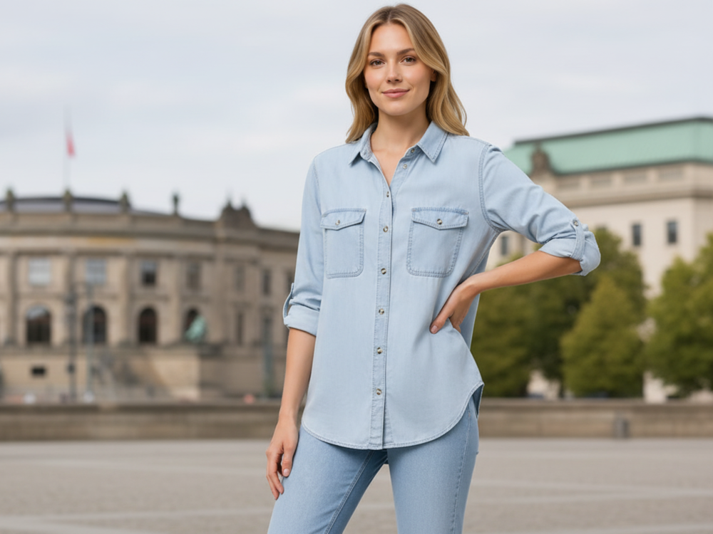 Wholesale Custom Light Blue Denim Shirt Manufacturer Private Label Button Down Jean Shirt front design preview