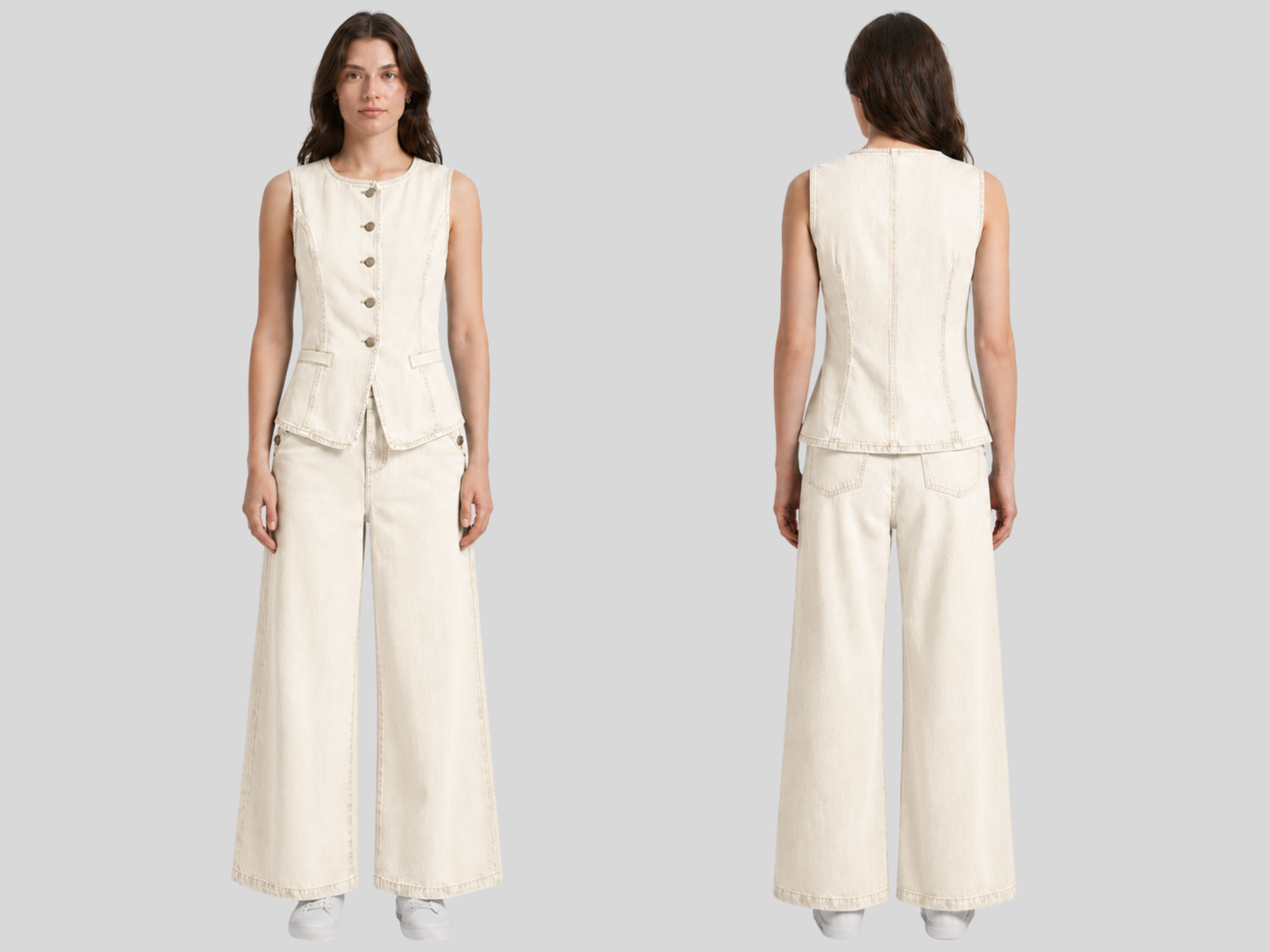 Wholesale Custom Ivory Denim 2 Piece Set Manufacturer Private Label Vest and Pants Set