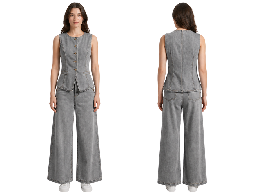 Wholesale Custom Grey Denim 2 Piece Set Manufacturer Private Label Vest and Pants Set design preview