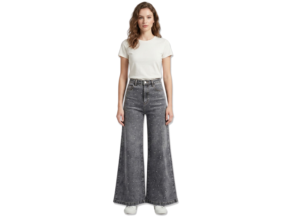 Wholesale Custom Grey Rhinestone Wide Leg Jeans Manufacturer Private Label Acid Wash Denim Pants front design preview