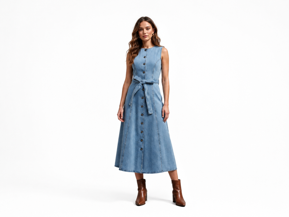 Wholesale Custom Denim Midi Dress Manufacturer Private Label Button Down Dress front design preview