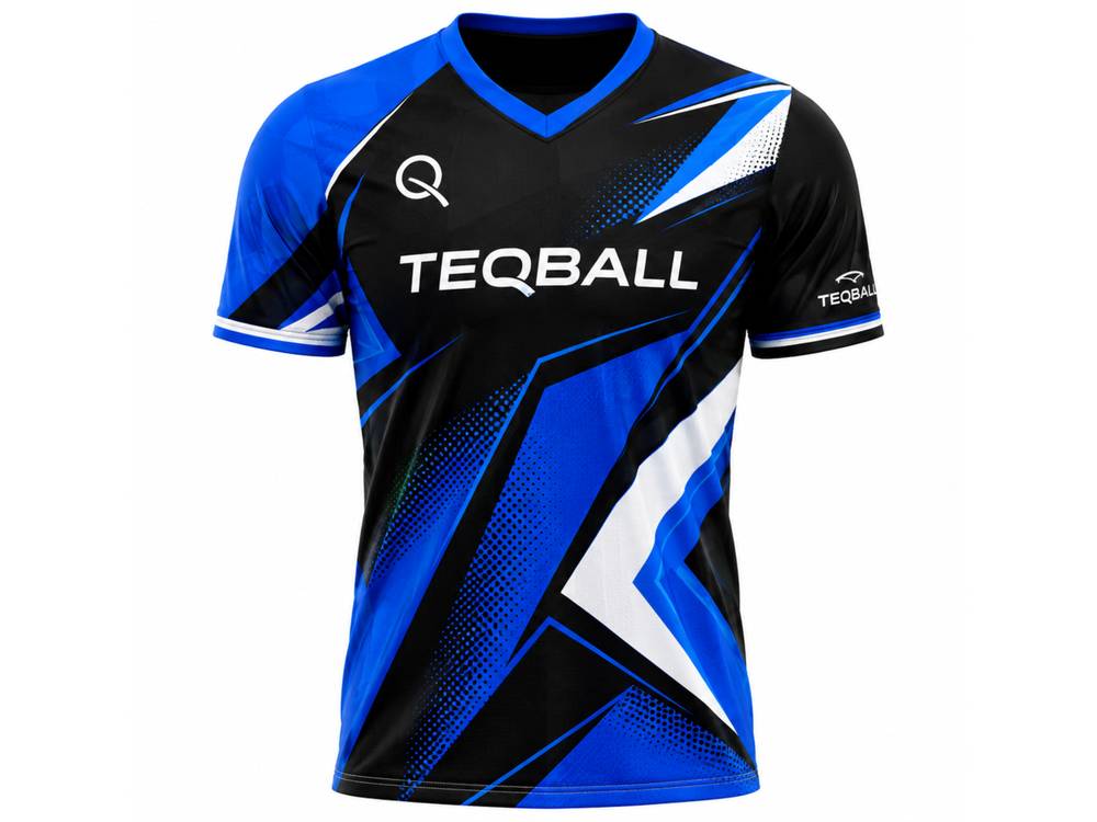 Custom Teqball Jersey Black Blue Team Shirt for B2B Academy Buyers front design preview