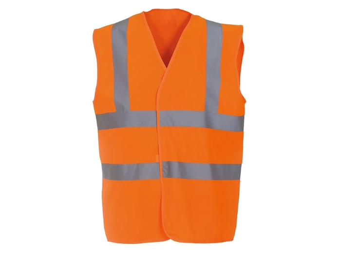 Reflective Braces Waistcoat – Low MOQ B2B Sleeveless Workwear Vest in Orange front design preview