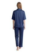 Wholesale Navy Blue Satin Pajama Set, Custom Button Up Sleepwear Manufacturer for Private Label Boutique Brands