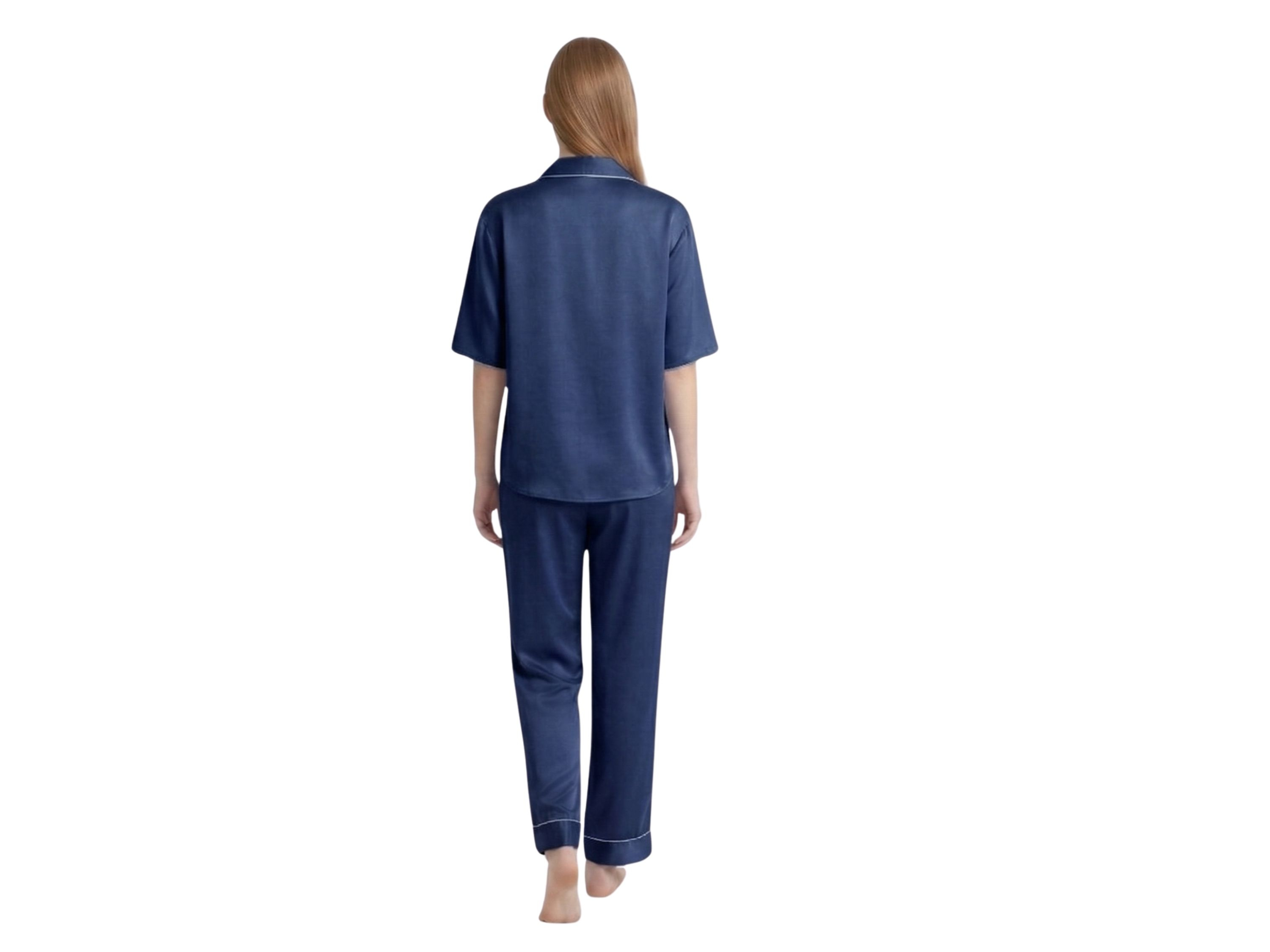 Wholesale Navy Blue Satin Pajama Set, Custom Button Up Sleepwear Manufacturer for Private Label Boutique Brands