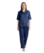 Wholesale Navy Blue Satin Pajama Set, Custom Button Up Sleepwear Manufacturer for Private Label Boutique Brands