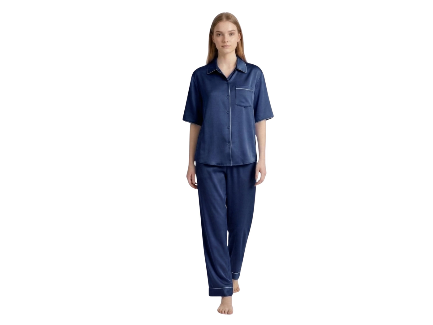 Wholesale Navy Blue Satin Pajama Set, Custom Button Up Sleepwear Manufacturer for Private Label Boutique Brands