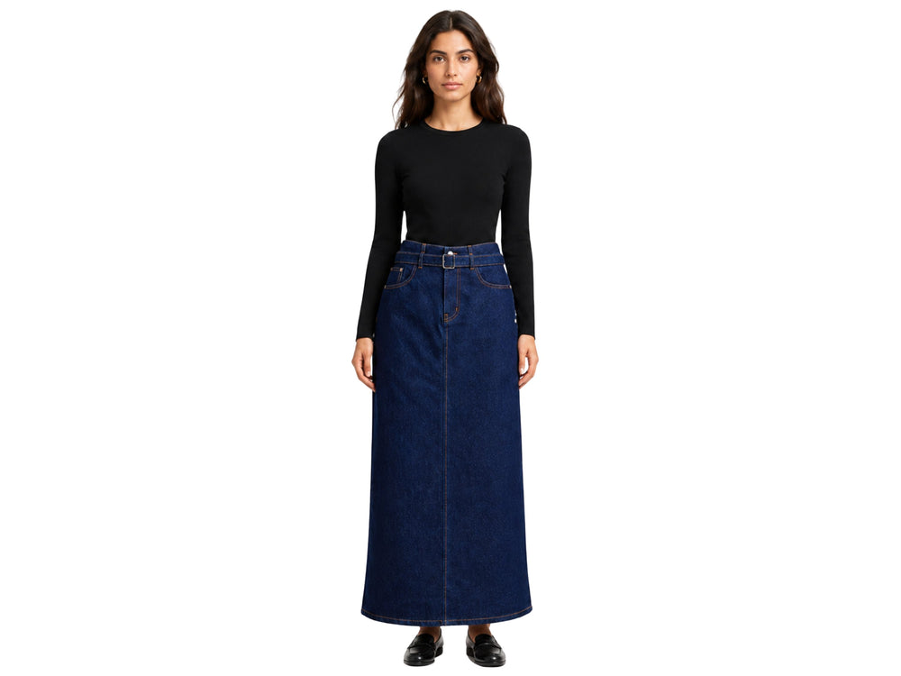 Custom Women’s Dark Indigo A-Line Denim Maxi Skirt front design preview