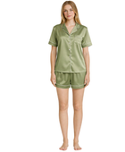 Wholesale Satin Contrast Short Pajama Set | Custom Olive Green Sleepwear Manufacturer for Private Label Brands