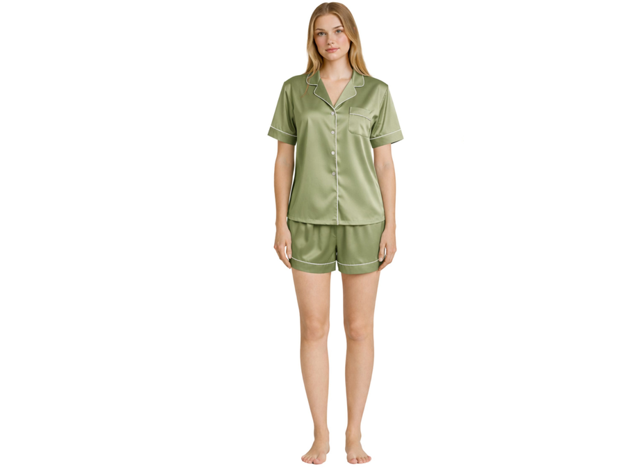 Wholesale Satin Contrast Short Pajama Set | Custom Olive Green Sleepwear Manufacturer for Private Label Brands design preview